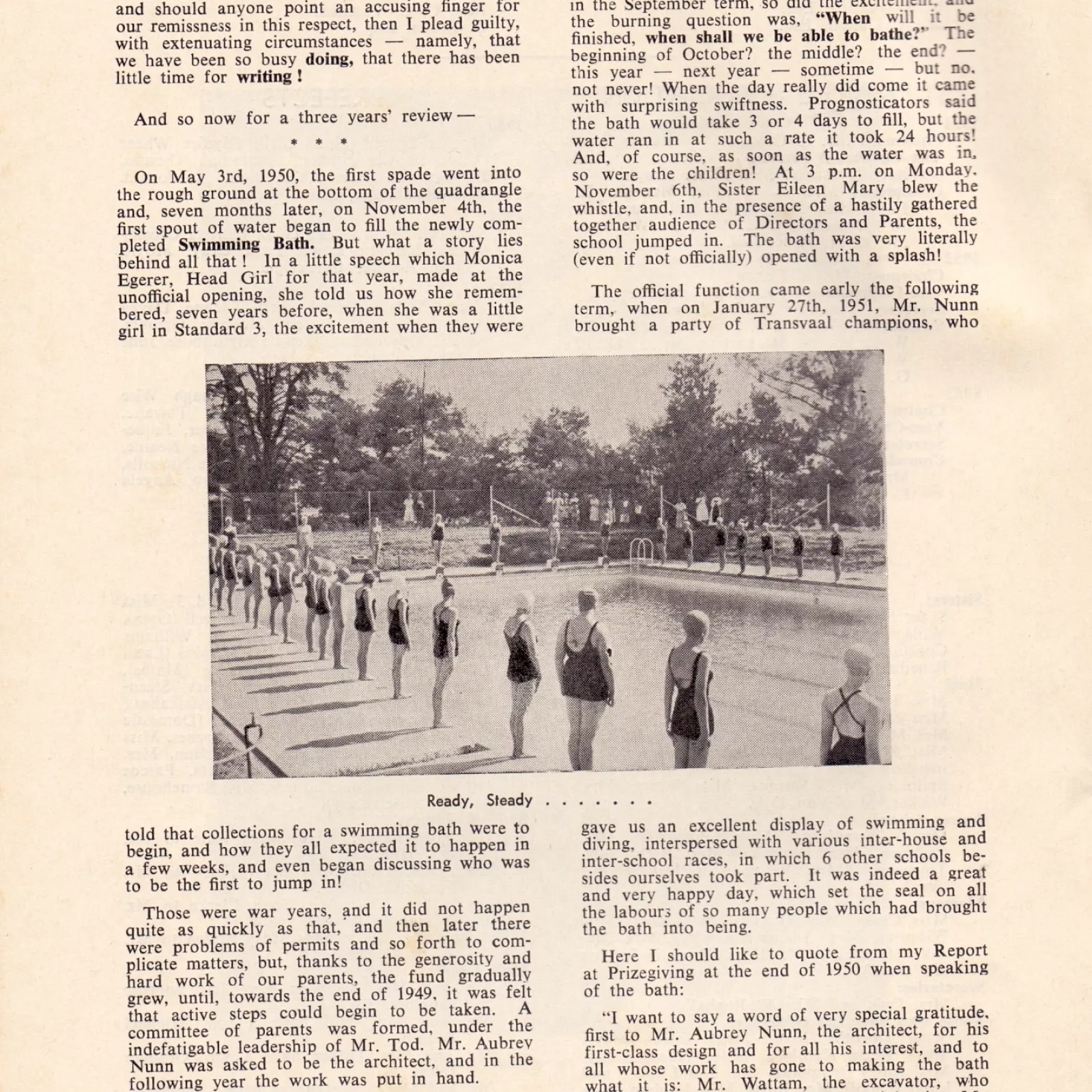 Extract from the 1950 53 school magazine detailing parents help with raising fund for the swimming bath